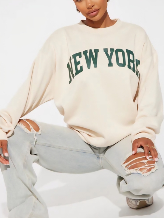 Lane Seven Sweaters - Lane Seven Cream Crewneck Sweatshirt with Green 'NEW YORK' Graphic